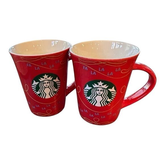 STARBUCKS Red Porcelain Holiday Mug Christmas Fa la la 10oz EUC 2020 set of 2 - Picture 1 of 11